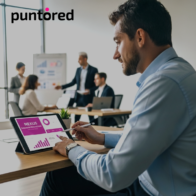 Inclusión financiera, Profesional en oficina revisando gráficos en tablet sobre servicios digitales.