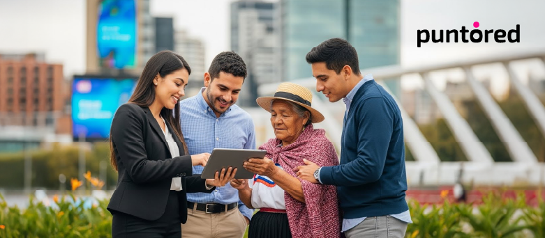 Personas de distintas edades usando una tablet para acceder a servicios financieros digitales