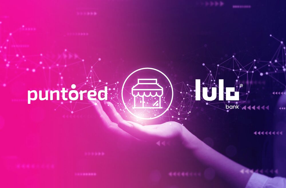 Logos de Puntored y Lulo Bank con icono de comercio y red de pagos digitales para corresponsales