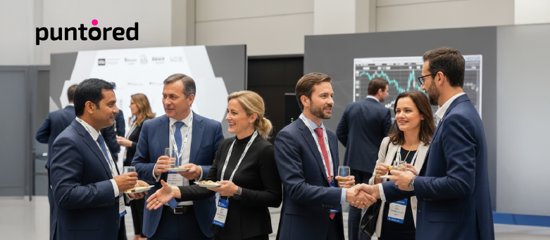 Profesionales en evento Fintech hablando sobre experiencias embebidas