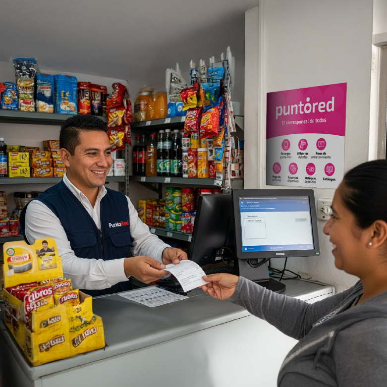 Cliente realizando transacción en corresponsalía bancaria dentro de una tienda de barrio