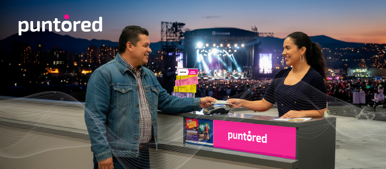 Usuario haciendo pagos en boletería en efectivo en un punto físico Puntored con fondo de concierto en vivo