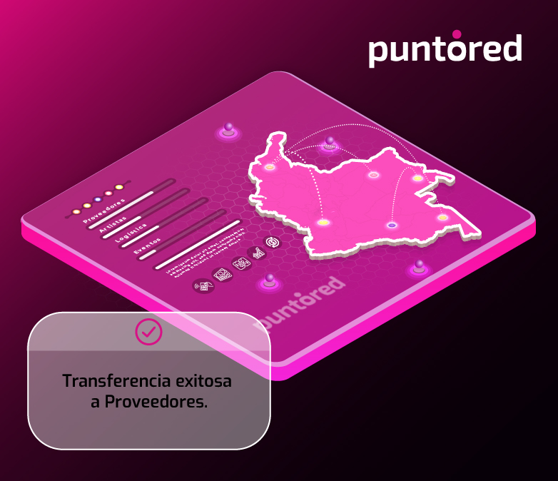 Ilustración de Puntored en tonos magenta con un panel digital y mapa de Colombia; aparece un mensaje de “Transferencia exitosa a proveedores”. Concepto: pagos masivos en entretenimiento para artistas, logística y aliados.