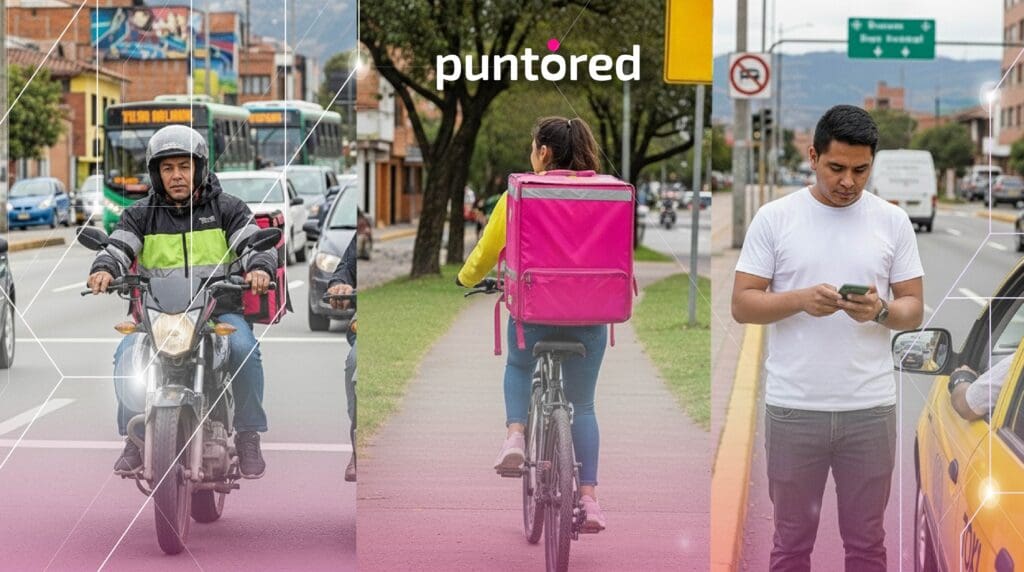 Ilustración de soluciones fintech optimizando pagos masivos en la gig economy en Colombia, conectando empresas y trabajadores independientes.