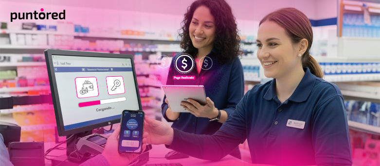 Punto de venta en Colombia mostrando pagos retail digitales con terminal y dispositivo móvil