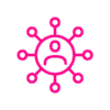 Icono simple de una persona rodeada de nodos conectados en rosa sobre un fondo blanco.