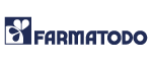 Logotipo de Farmatodo azul y blanco con un icono de frasco de medicamento estilizado.
